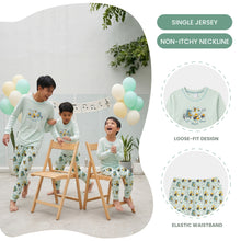 Load image into Gallery viewer, Green/Beige/Blue Long Sleeve Pyjamas With Party, Sports & Education Stationery Block Print