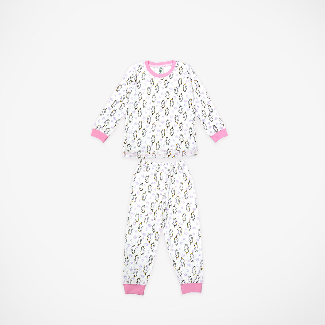 Pink White Seahorse Print Long Sleeve Kids Pyjamas